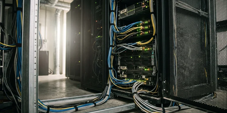 An open server rack door in a small machine room, bundled cables running past rows of indicator lights