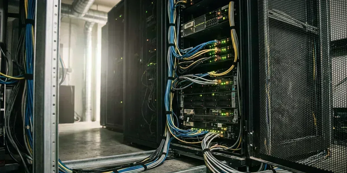 An open server rack door in a small machine room, bundled cables running past rows of indicator lights