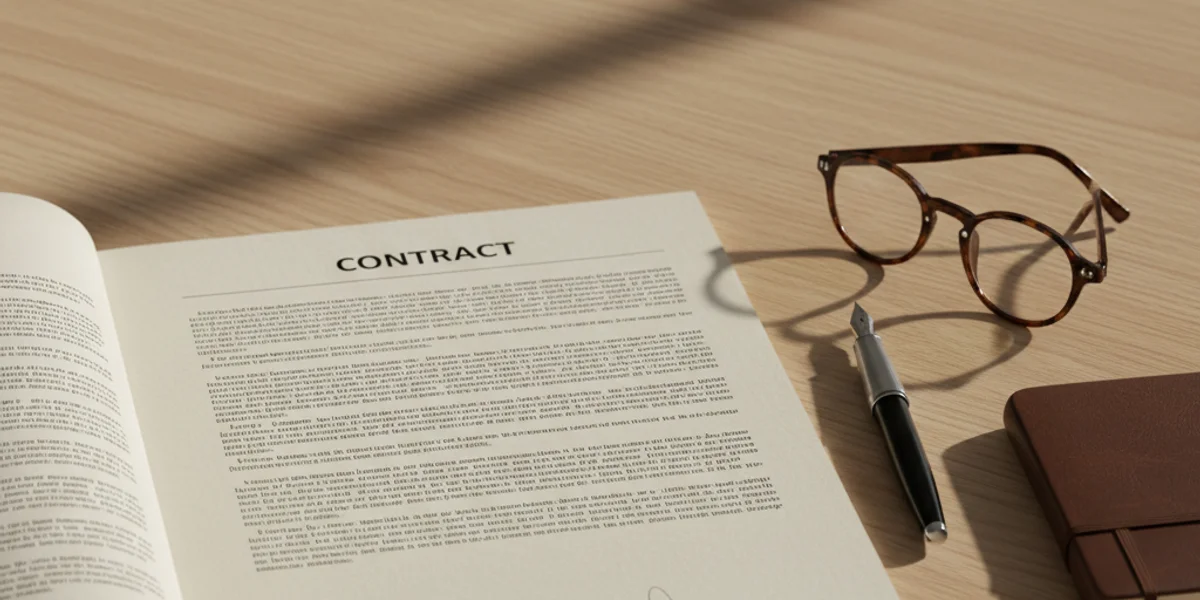 A printed business contract on a clean wood desk with a fountain pen, eyeglasses, and a small notebook in muted natural light