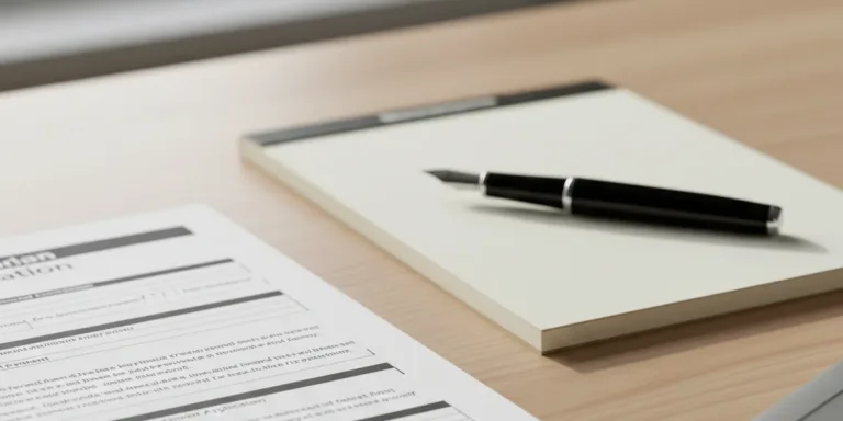 Printed Canadian trademark application on a wood desk beside a blank notepad, fountain pen, and laptop in soft natural light.