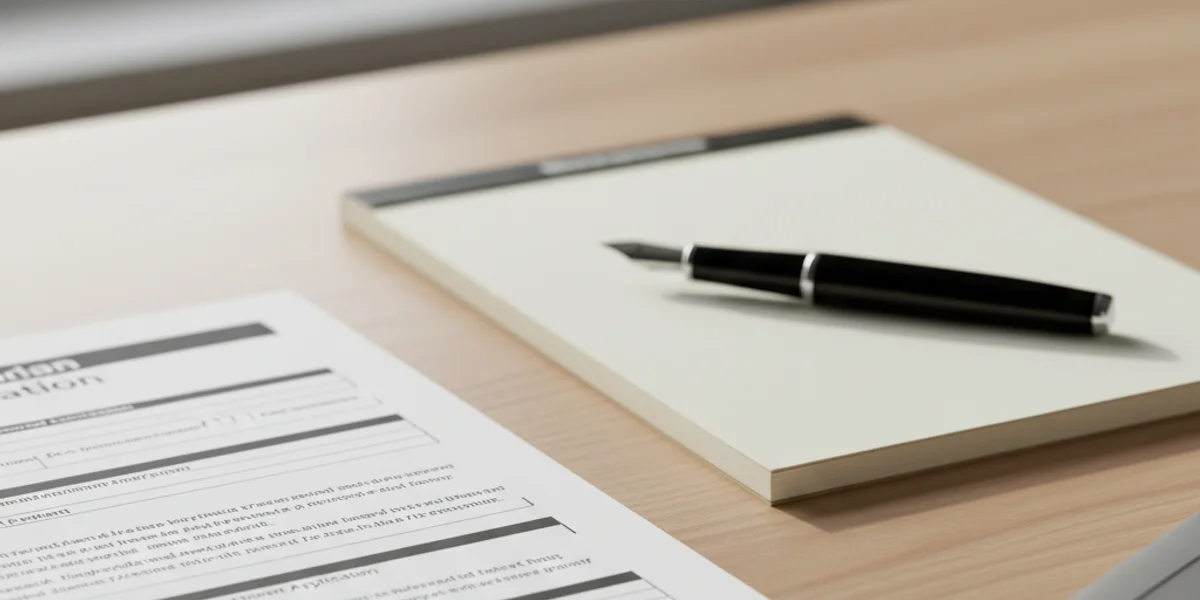 Printed Canadian trademark application on a wood desk beside a blank notepad, fountain pen, and laptop in soft natural light.