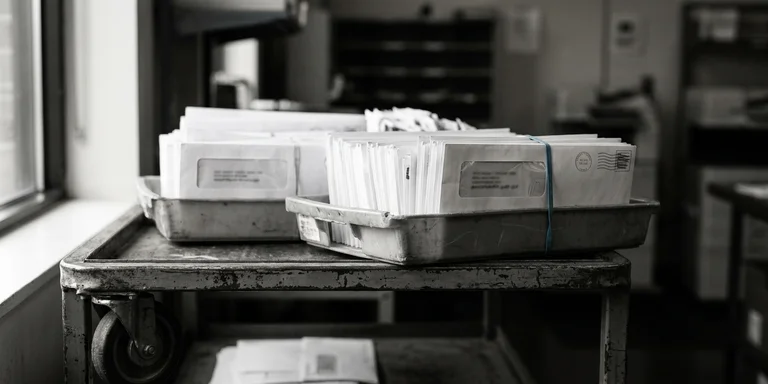 Sorted mail trays of unopened window envelopes stacked on a metal cart in a quiet mailroom