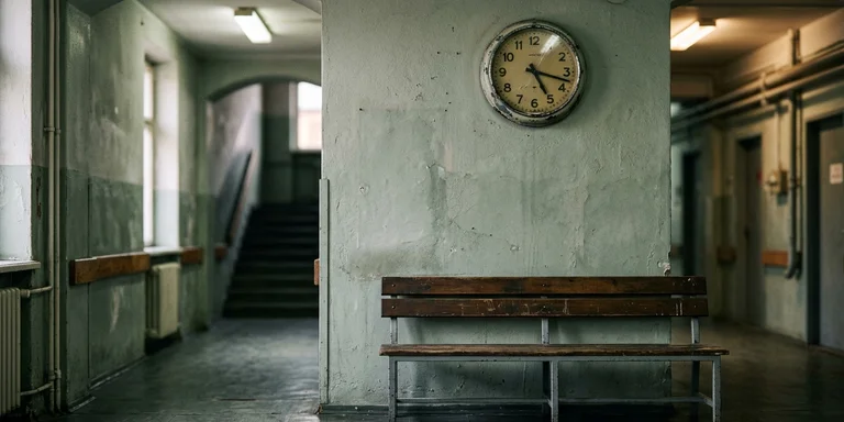 A worn analogue clock high on the wall above an empty waiting bench in a municipal corridor
