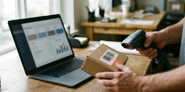 Hands scanning a serialized product package beside a laptop showing a generic online marketplace dashboard