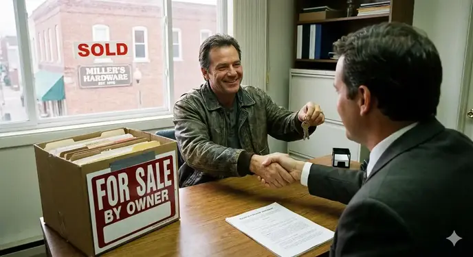 Two people shaking hands across a desk and exchanging keys, with a 'For Sale by Owner' file box in the foreground
