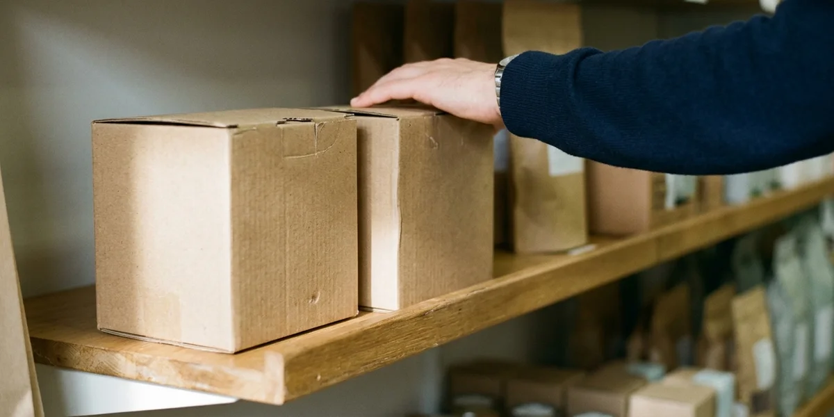 A shopper's hand reaching toward one of two similar unbranded product boxes on a softly lit retail shelf