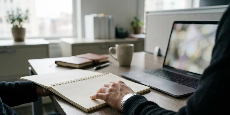 Over-the-shoulder view of hands reviewing a trademark renewal calendar beside a laptop on a muted office desk