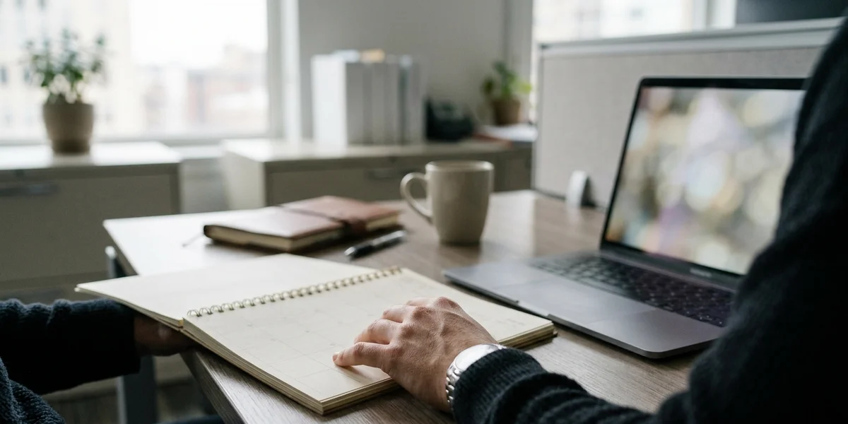 Over-the-shoulder view of hands reviewing a trademark renewal calendar beside a laptop on a muted office desk