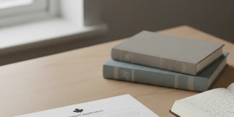 Printed Canadian trademark application on a wood desk beside stacked reference books and an open handwritten notebook.