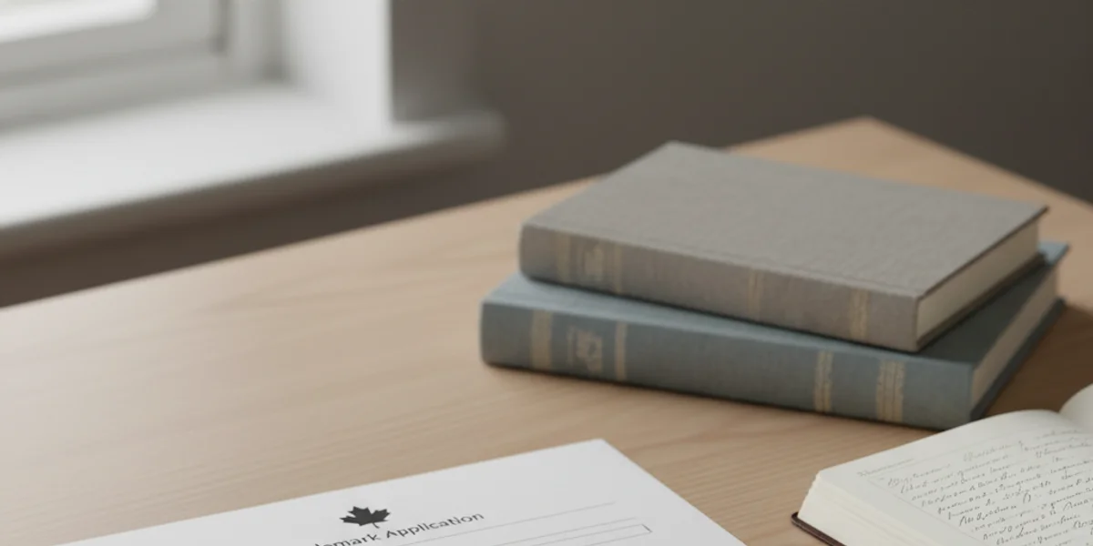 Printed Canadian trademark application on a wood desk beside stacked reference books and an open handwritten notebook.