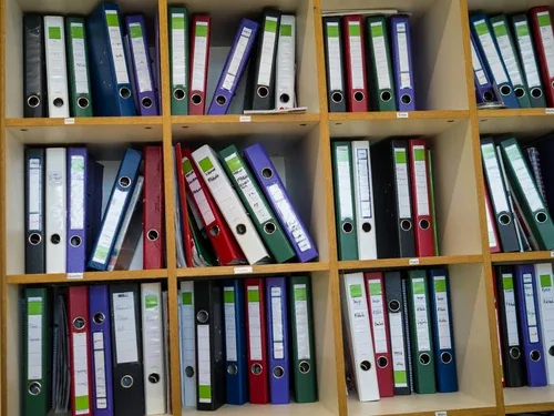 Shelves of brightly coloured ring binders organised in wooden pigeonhole compartments
