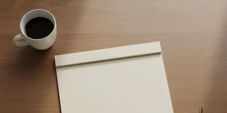 Overhead view of a blank cream-coloured pad of paper on a warm wooden desk with a coffee cup and a fountain pen nearby