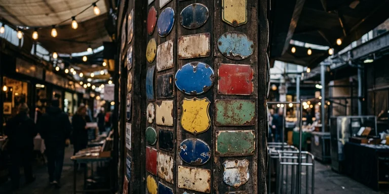 A wall of small enamel shop signs in a covered market, each a different colour, shape, and age